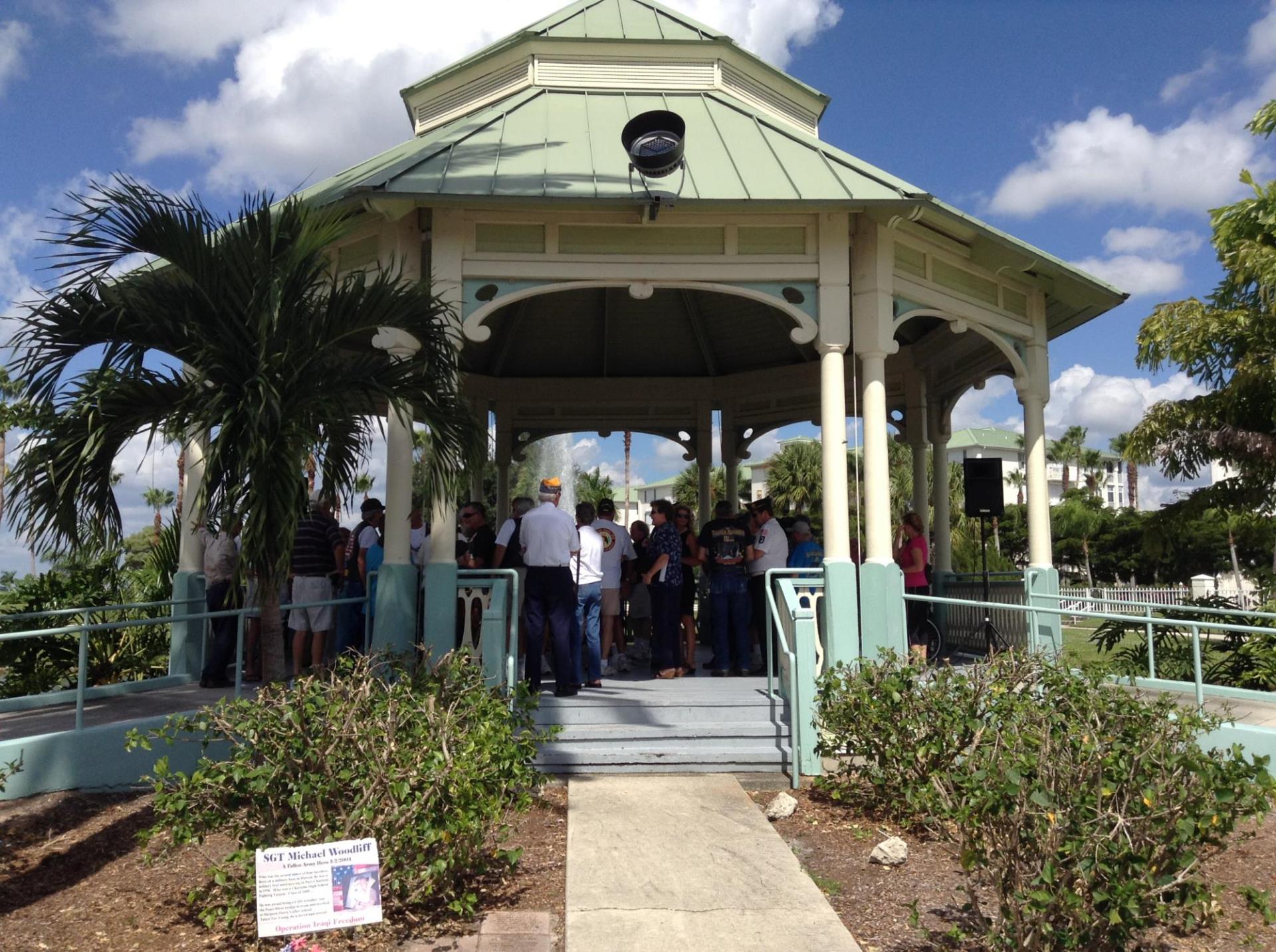 Gathering of people under Laishley Gazebo